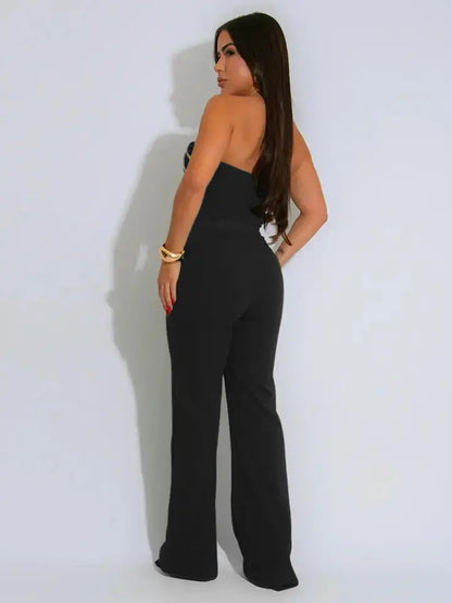 Back view of black strapless two-piece trousers set