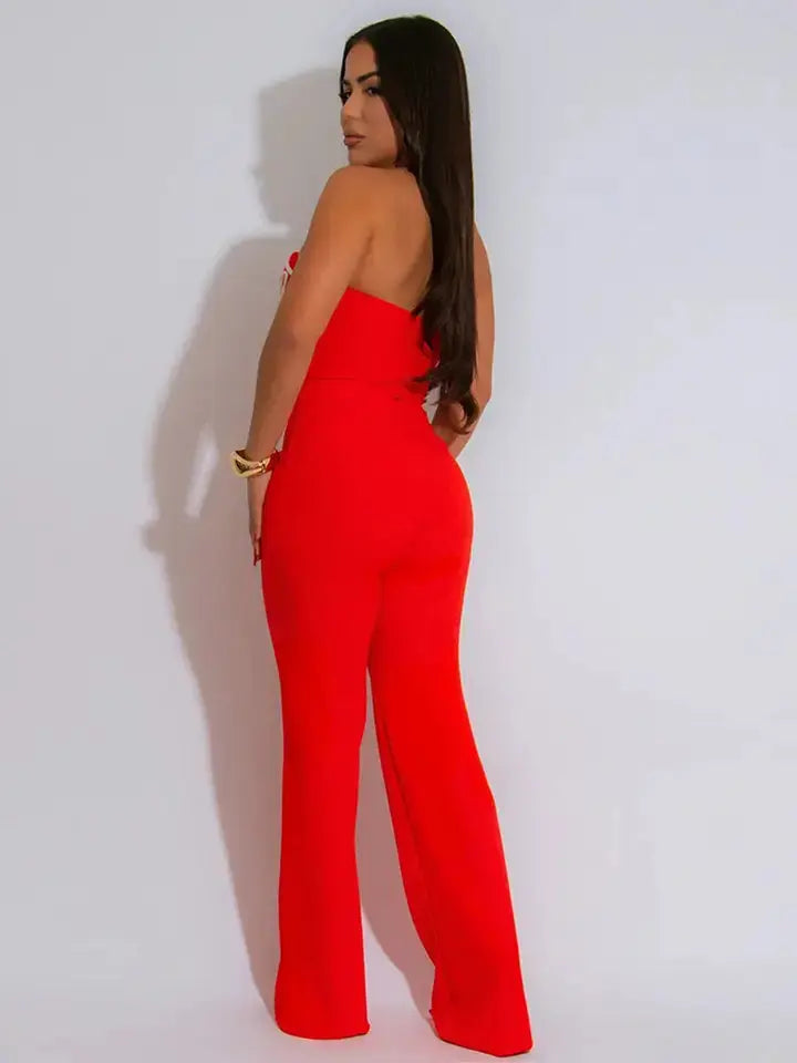 Back view of red strapless two-piece trousers set