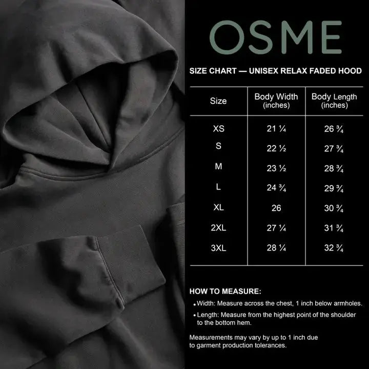 Dark gray hoodie with size chart on a black background