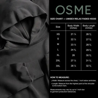 Dark gray hoodie with size chart on a black background