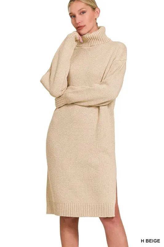 Front view of Zenana turtle neck long sleeve midi sweater dress in beige.