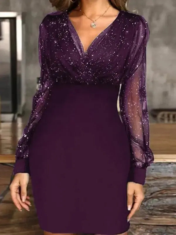 Purple Plum shimmering bodycon dress with mesh detail sleeve on posing model.
