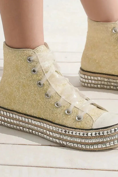 Beast Fashion Glitter Lace-Up Studded Platform Sneakers – platform sole detail