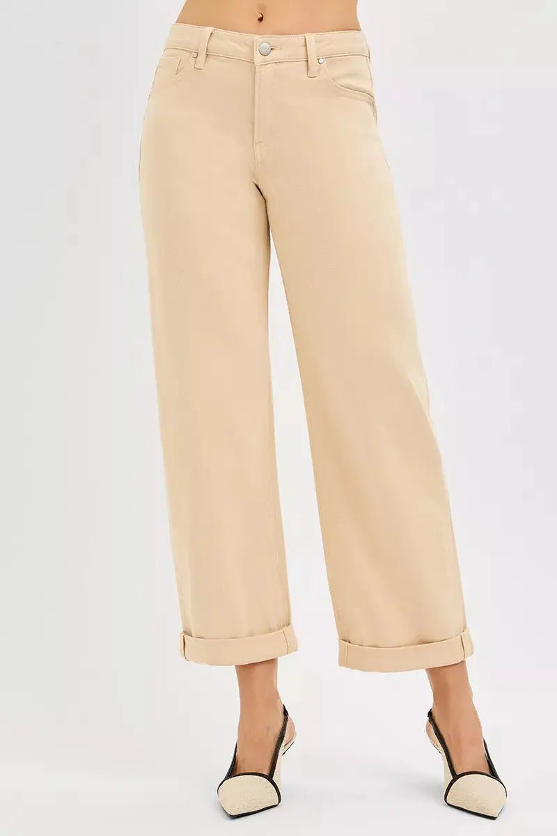 Cream beige wide-leg barrel jeans front view