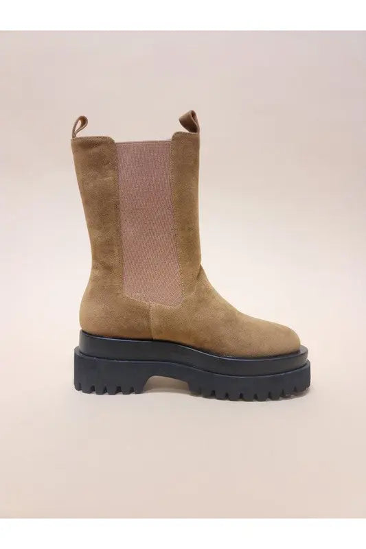 Camel suede platform combat boots worn with casual outfit
