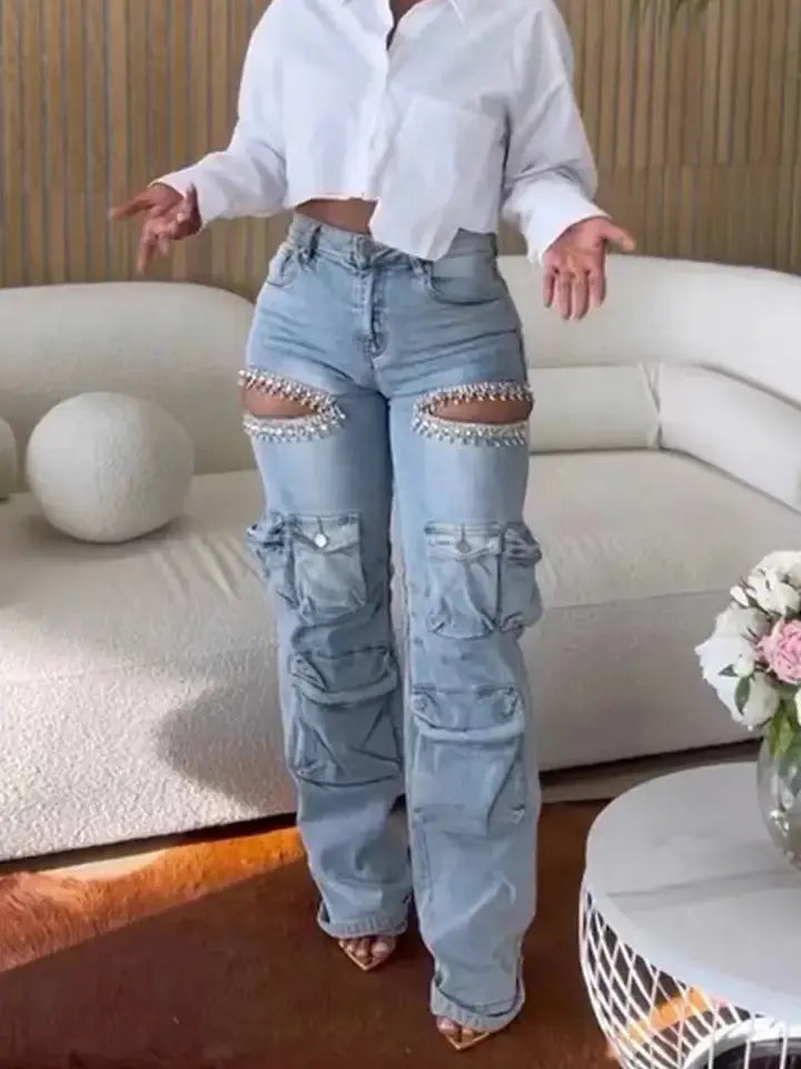 Female model posing with hands out in blue Distressed Wash Cargo Jeans Couture Envy