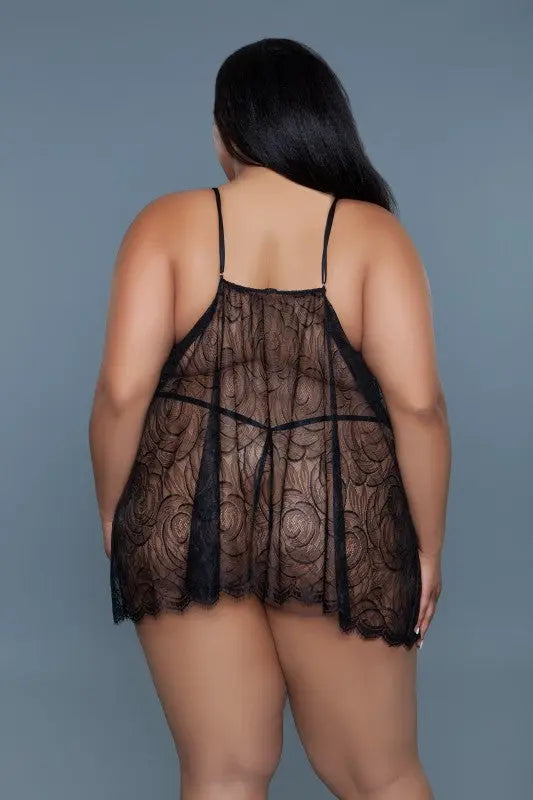Floral lace babydoll with matching thong - back view on plus size model
