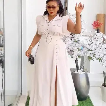 Apricot sleeveless cowl neck work dress set on model.