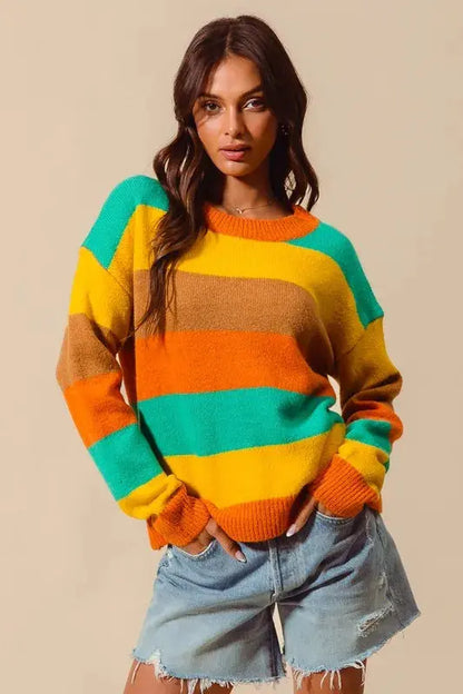 Multi-color striped ribbed sweater front view – SO ME