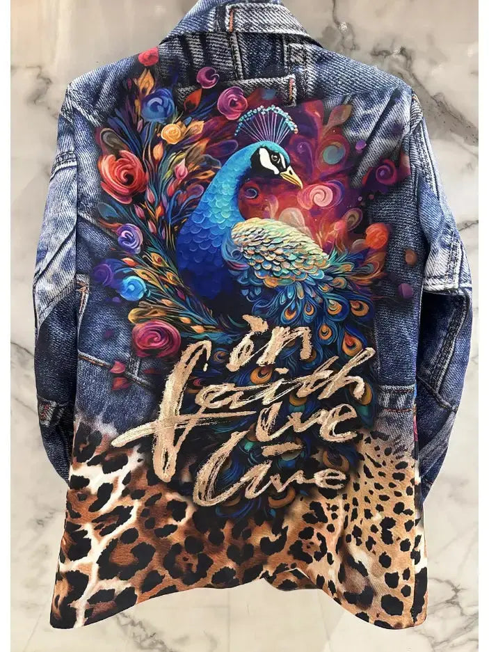 Back view of Italian mixed-print denim blazer with parrot artwork.