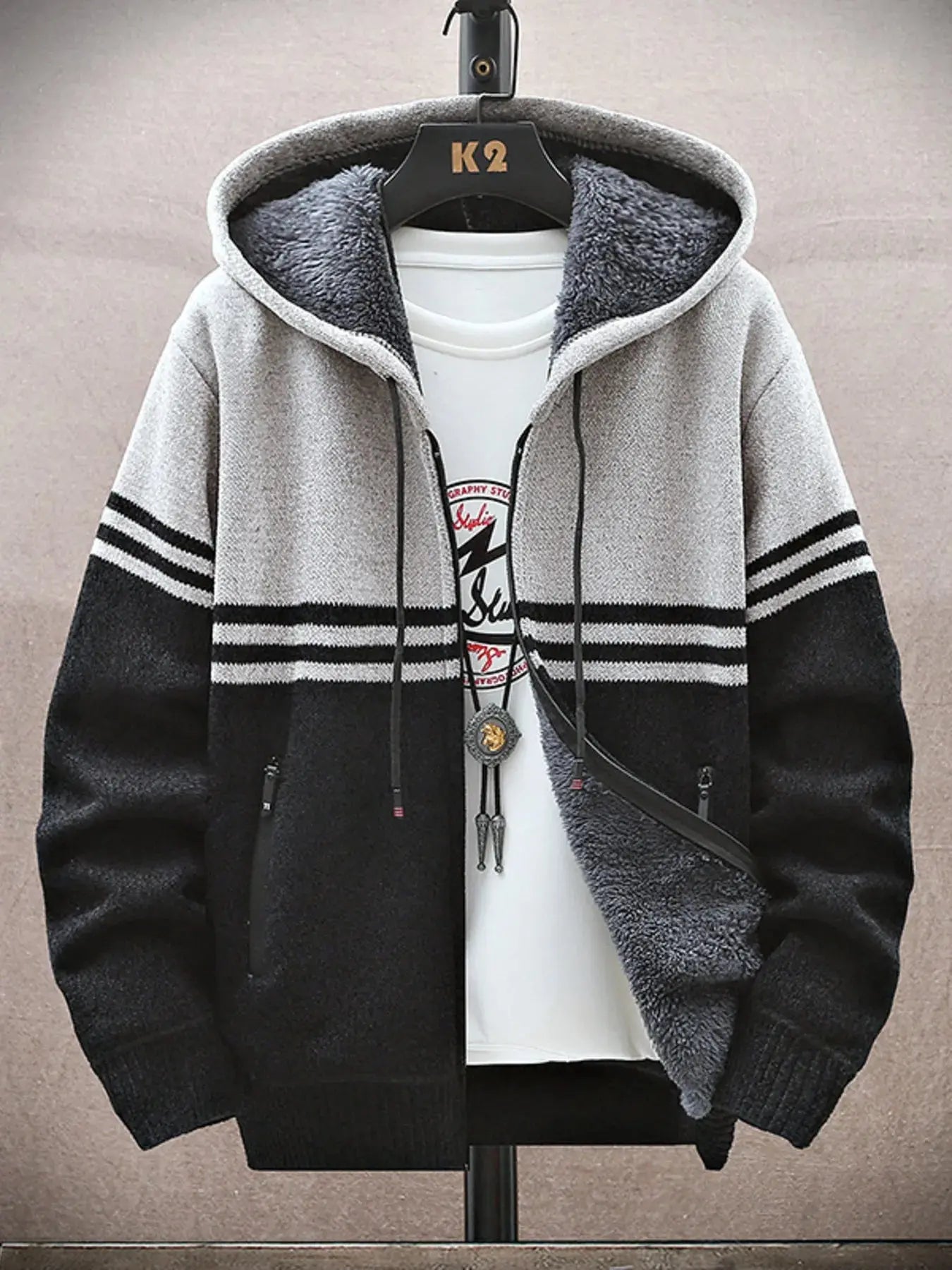 Men’s Plus Size Hooded Zip-Up Cardigan Front View.