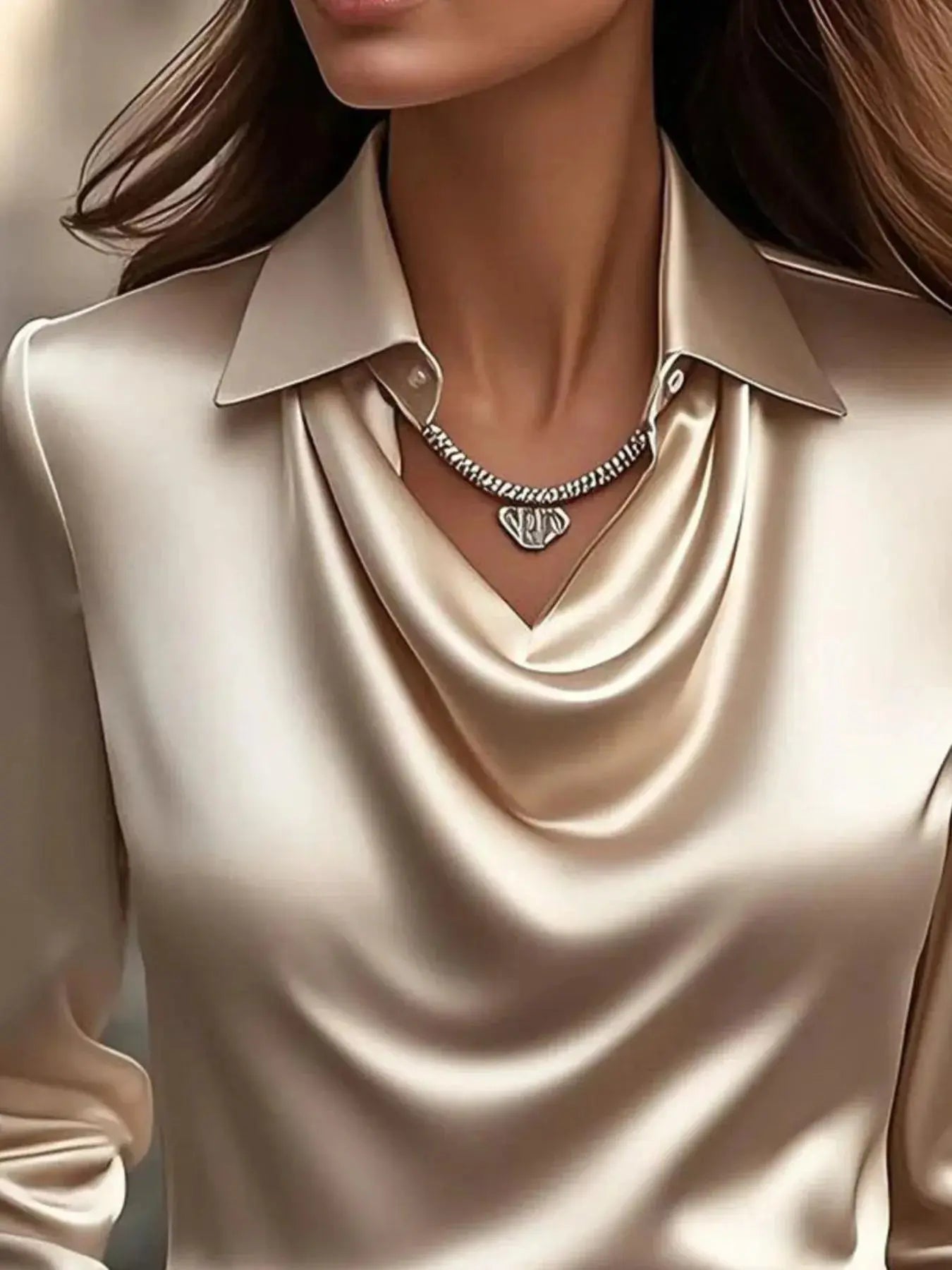 Close-up of silky collared neckline detail on plus size blouse.