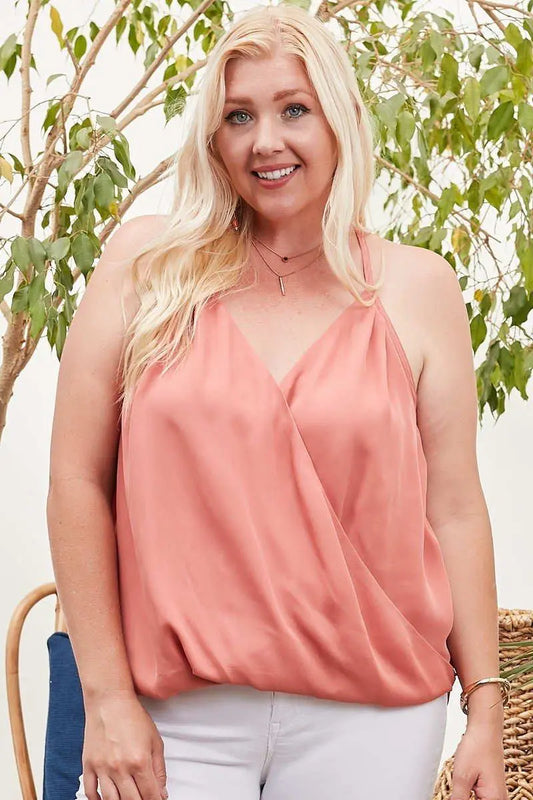 Plus size terracotta surplice cami top with pleated front on female model