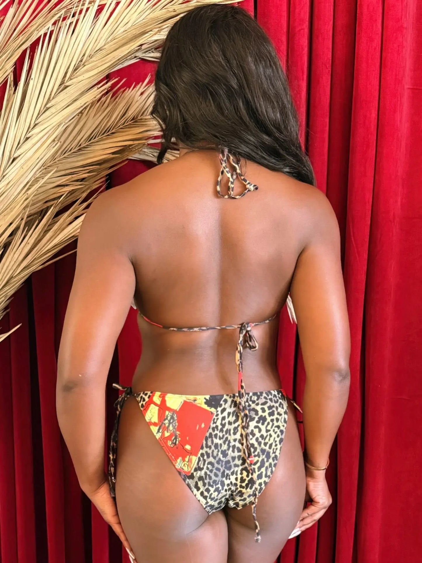 Tie side bikini back view floral leopard print