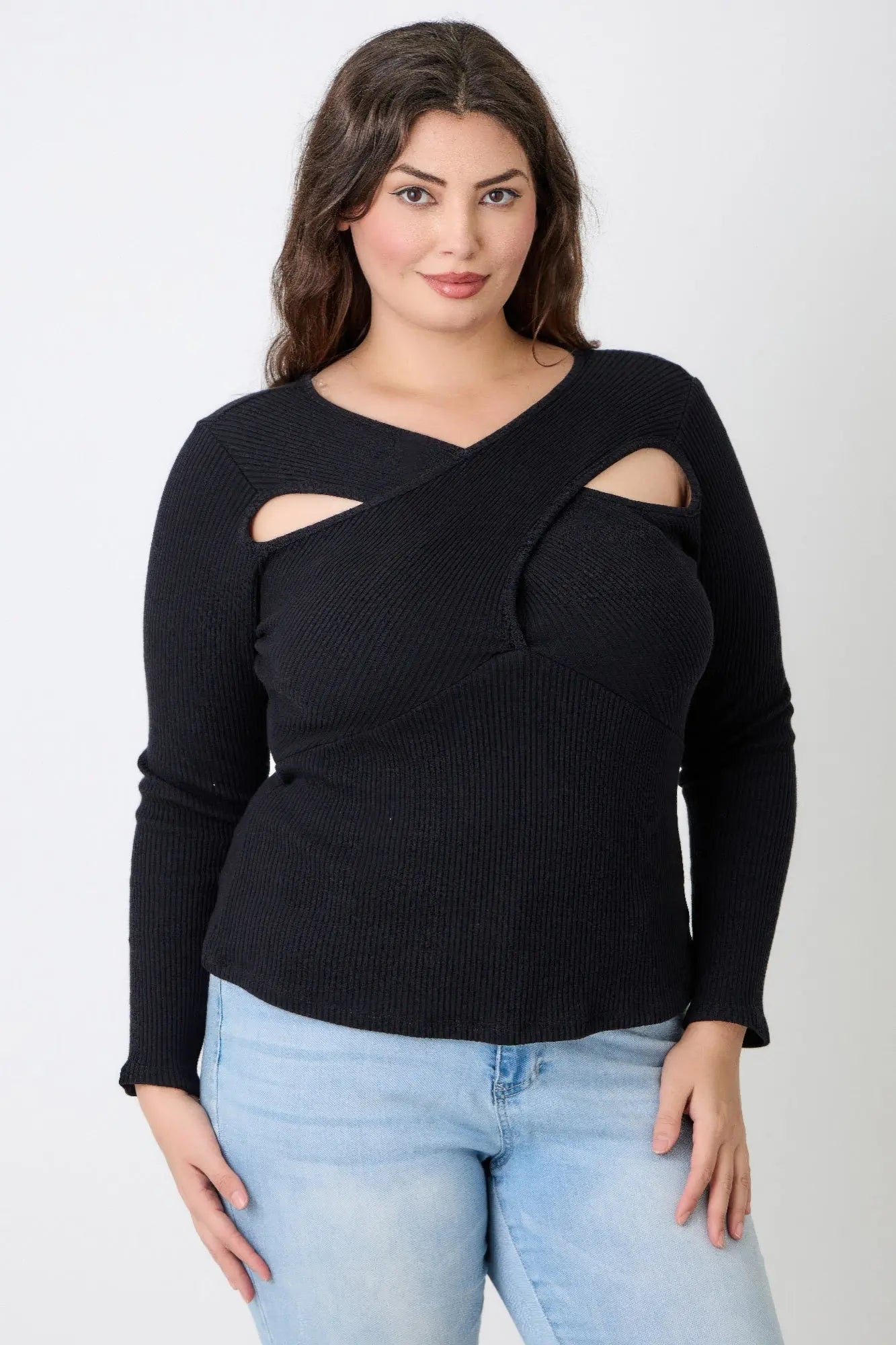 Plus size black ribbed long sleeve top with asymmetrical cutout neckline front view
