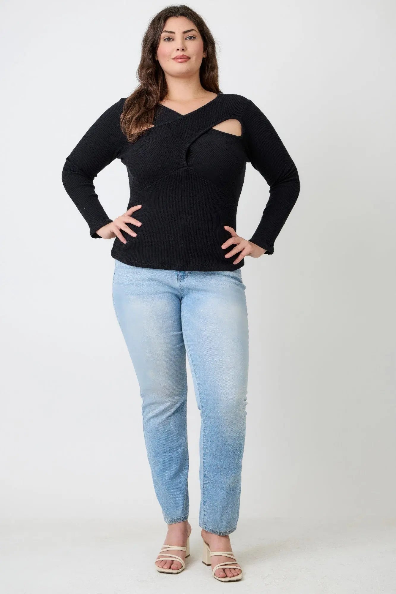 Plus size ribbed cutout long sleeve top styled with jeans on female model