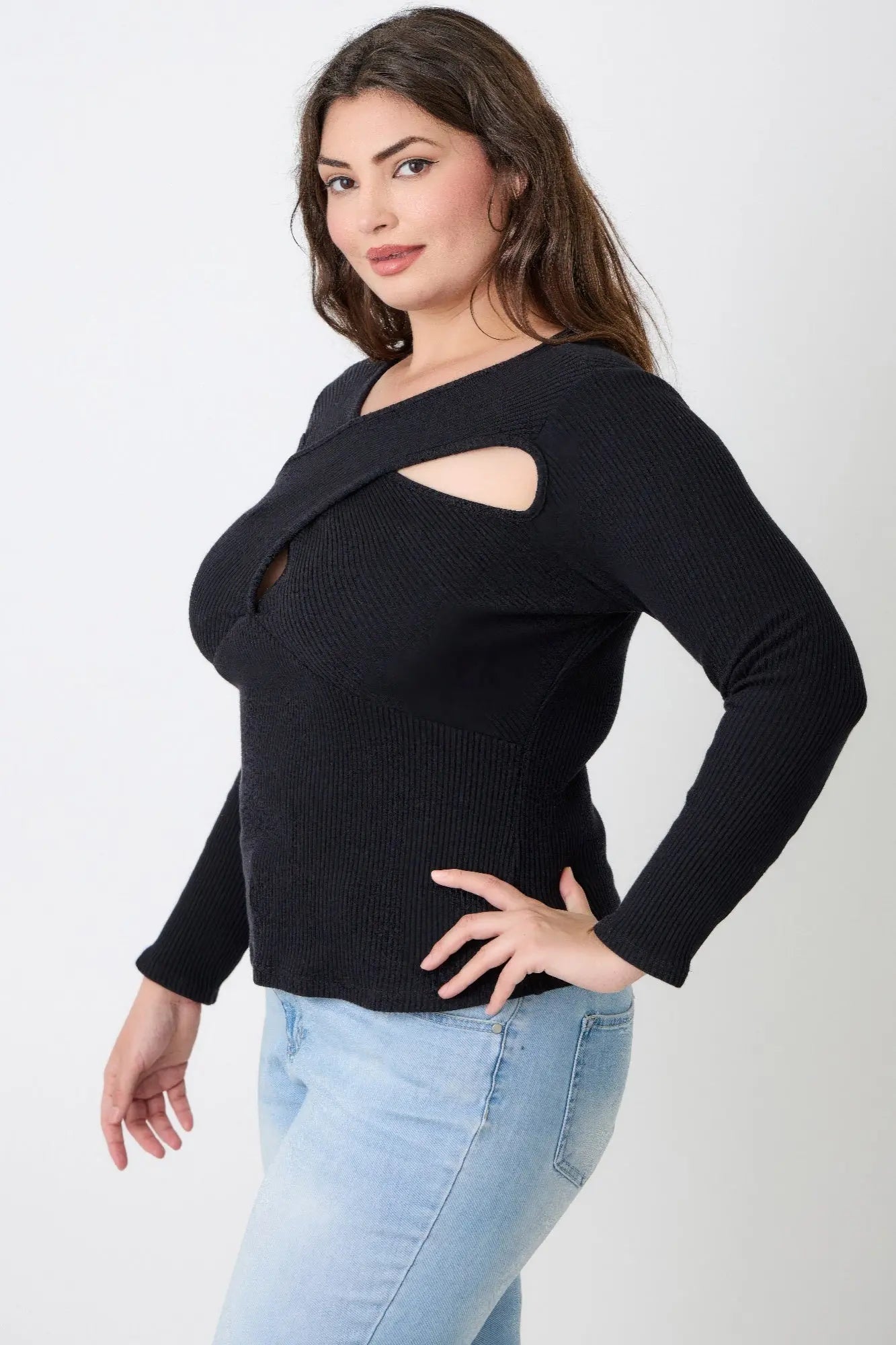 Side angle of plus size ribbed cutout neckline top