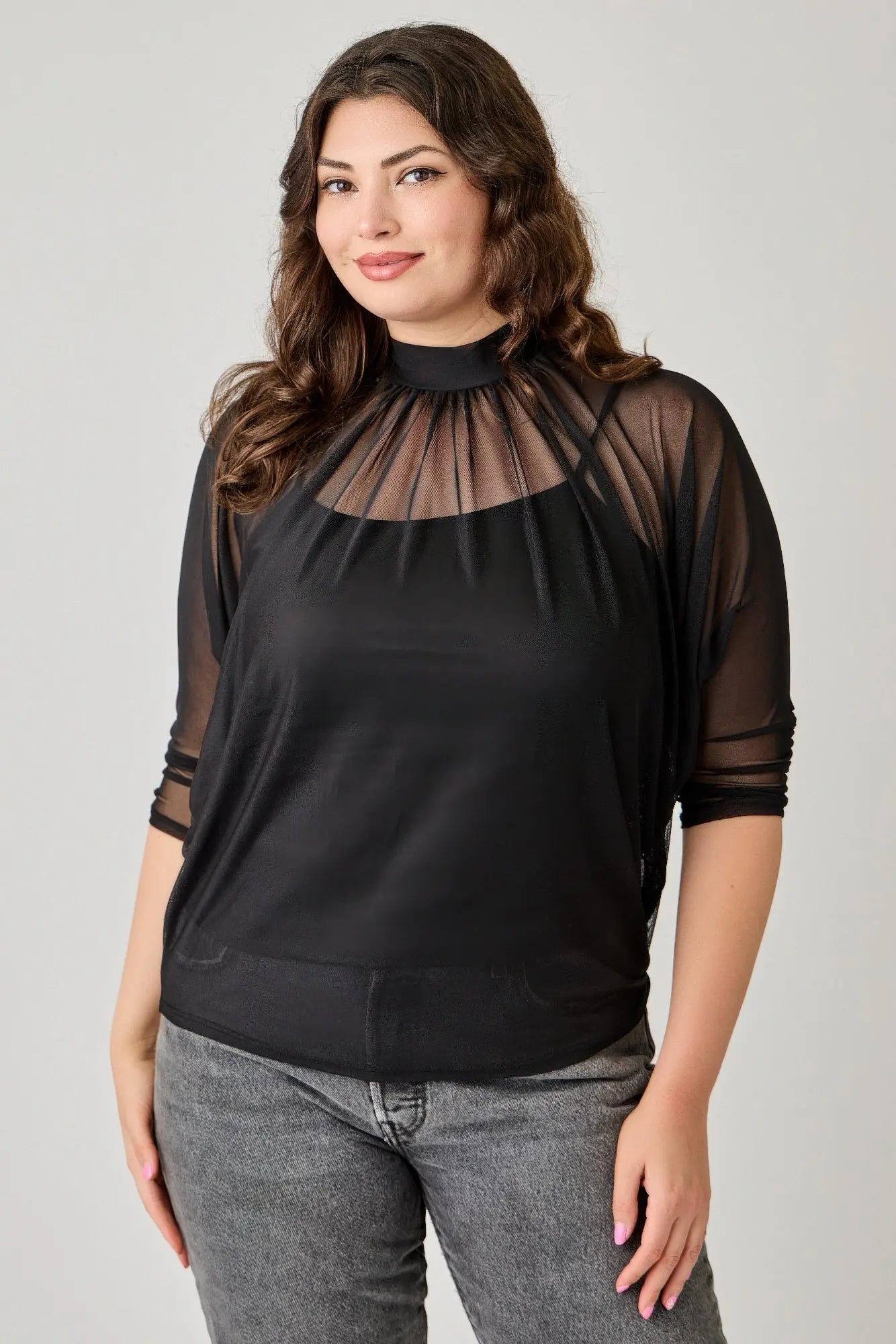 Plus size draped mesh top with tank front view