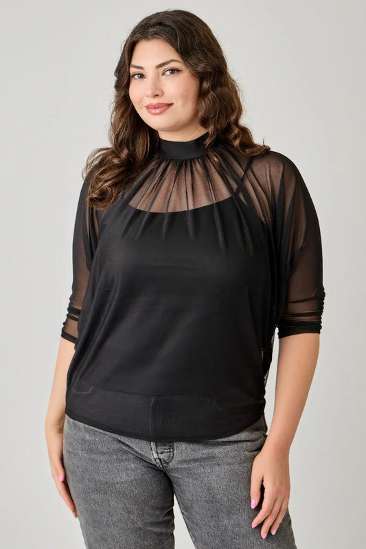 Plus size draped mesh top with tank front view