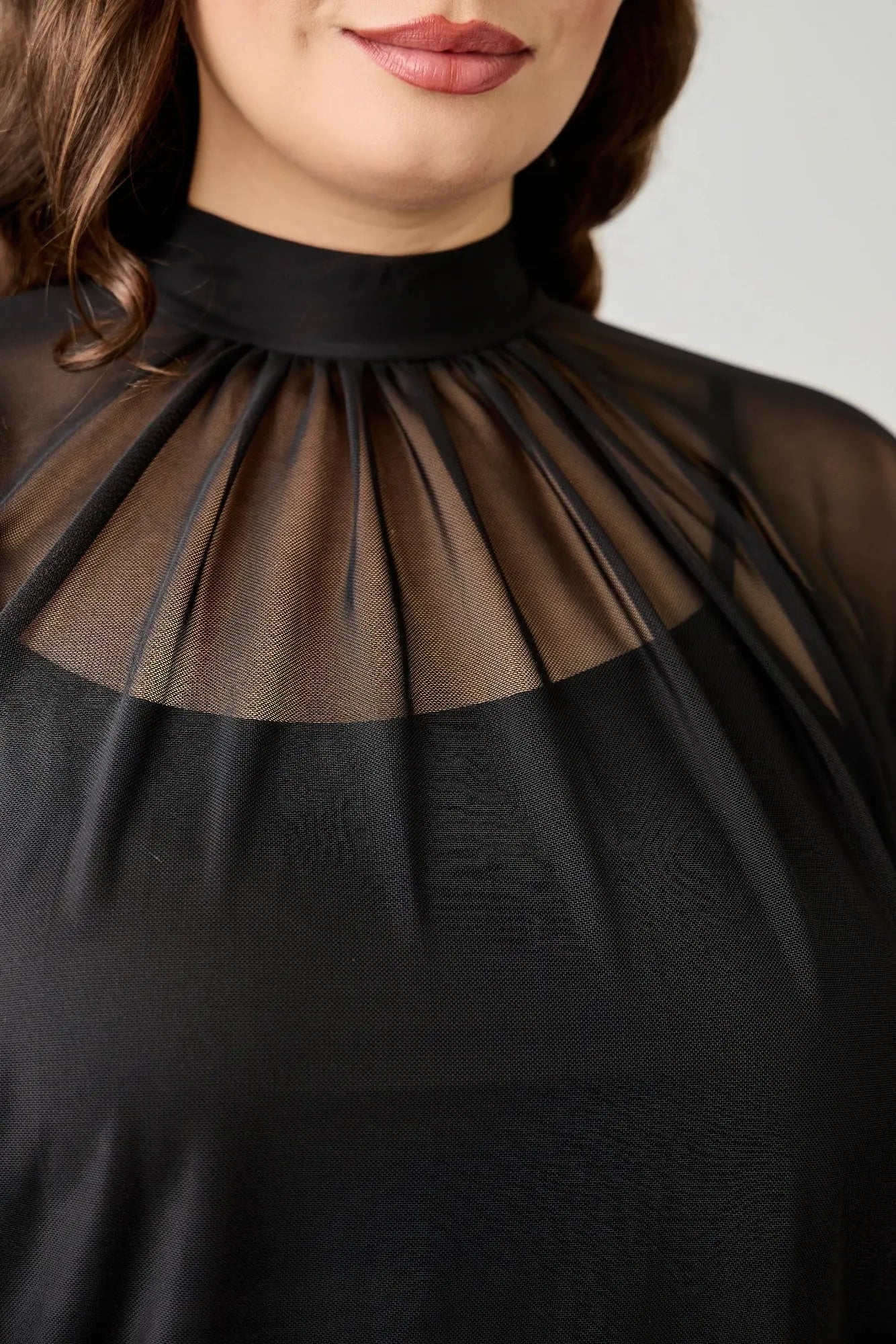 Plus size draped mesh top with tank front view - close up