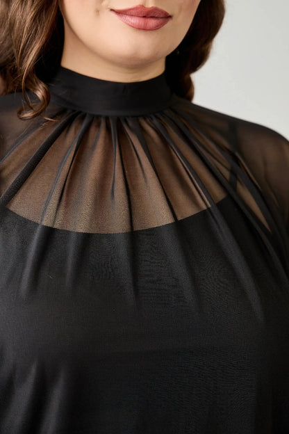 Plus size draped mesh top with tank front view - close up