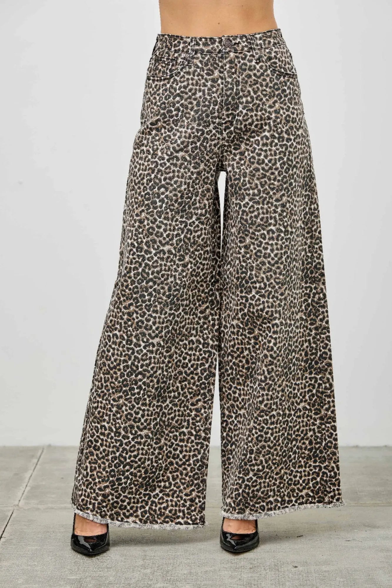 Leopard super high rise wide leg jeans front view
