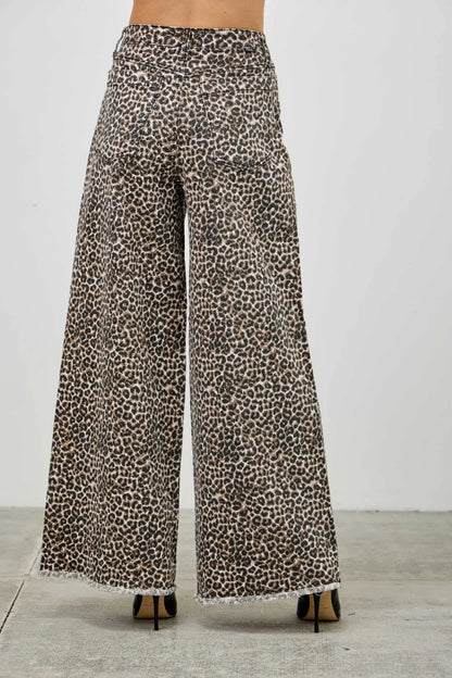 Wide leg stretch denim leopard jeans back view