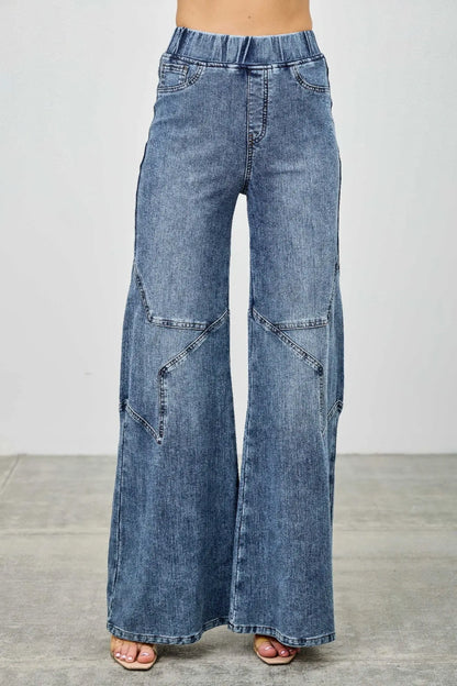 Plus size high rise pull on knit denim jeans with wide leg