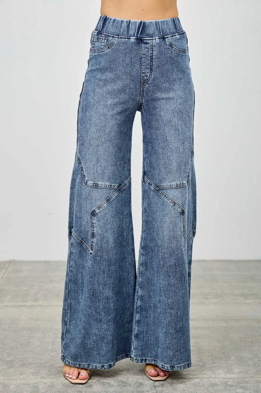 Plus size high rise pull on knit denim jeans with wide leg