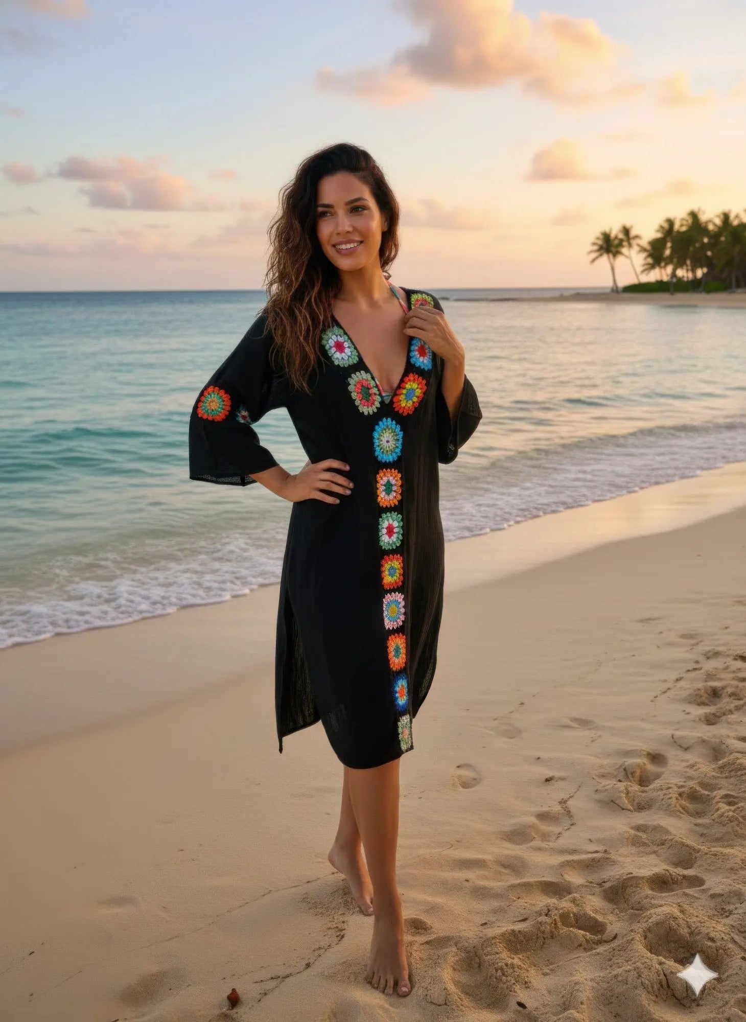 Linen crochet maxi dress beach front view
