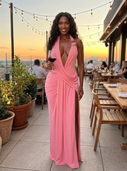 Plunging deep V halter dress front view