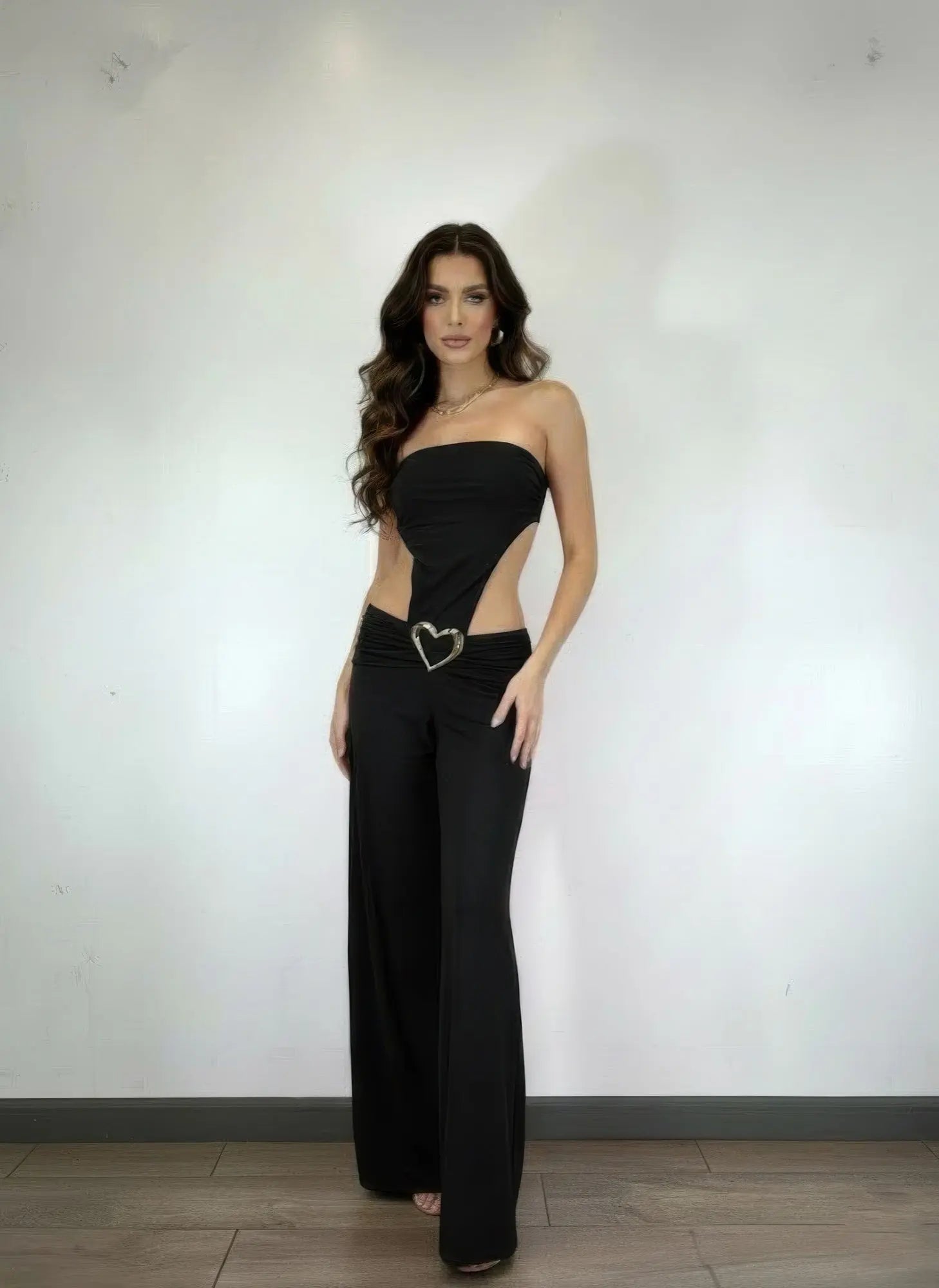 Strapless black wide leg evening jumpsuit in black