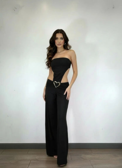 Strapless black wide leg evening jumpsuit in black