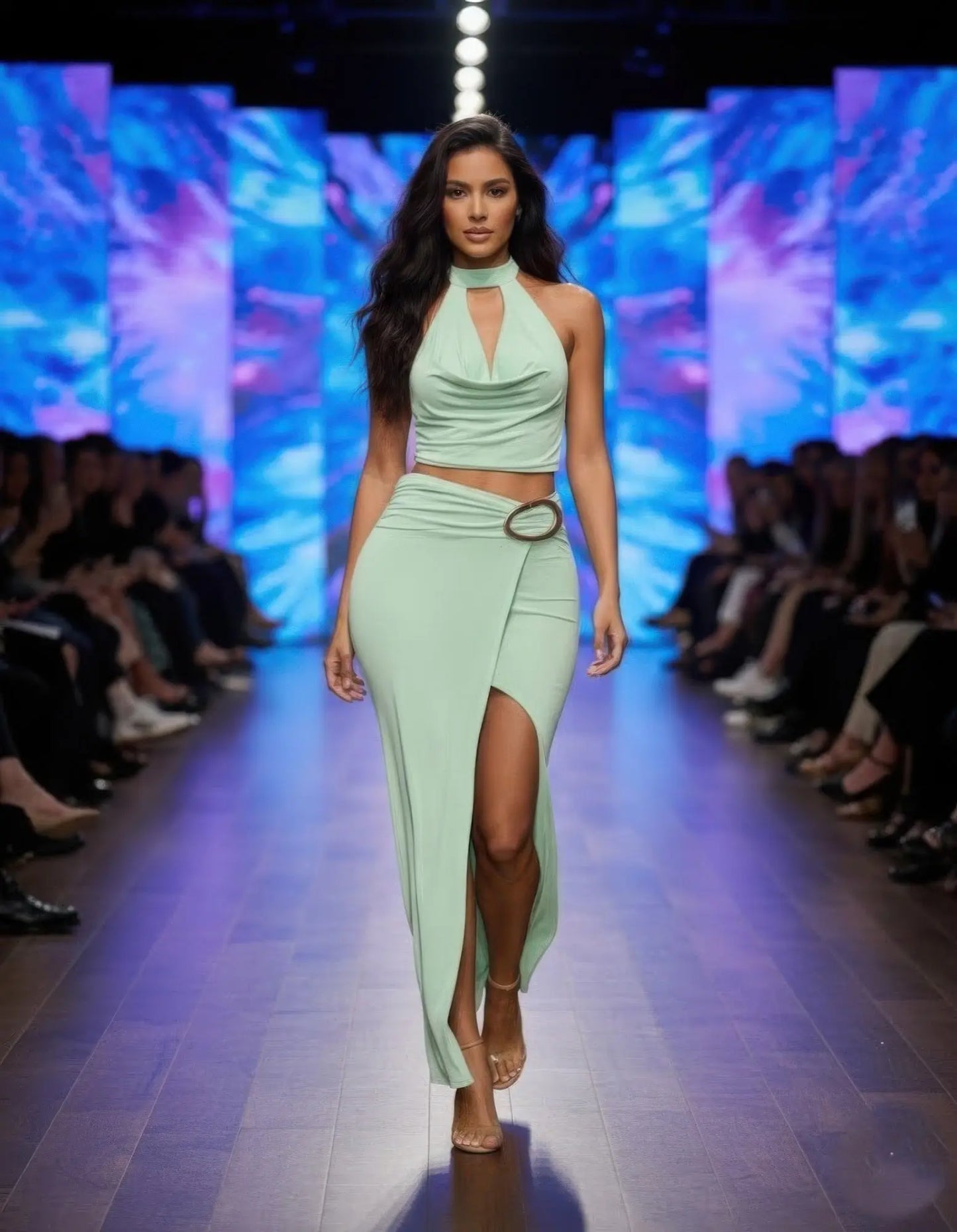 Runway inspired Halter Cowl Neck Two Piece Skirt Set