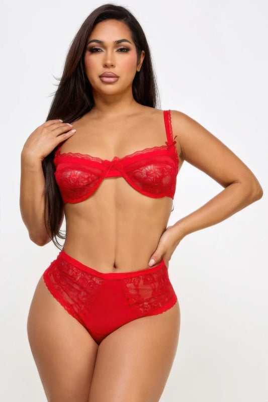Red lace lingerie set front view on posed model