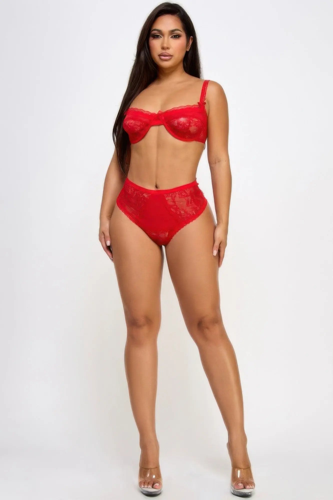Women’s red lace intimate set full look