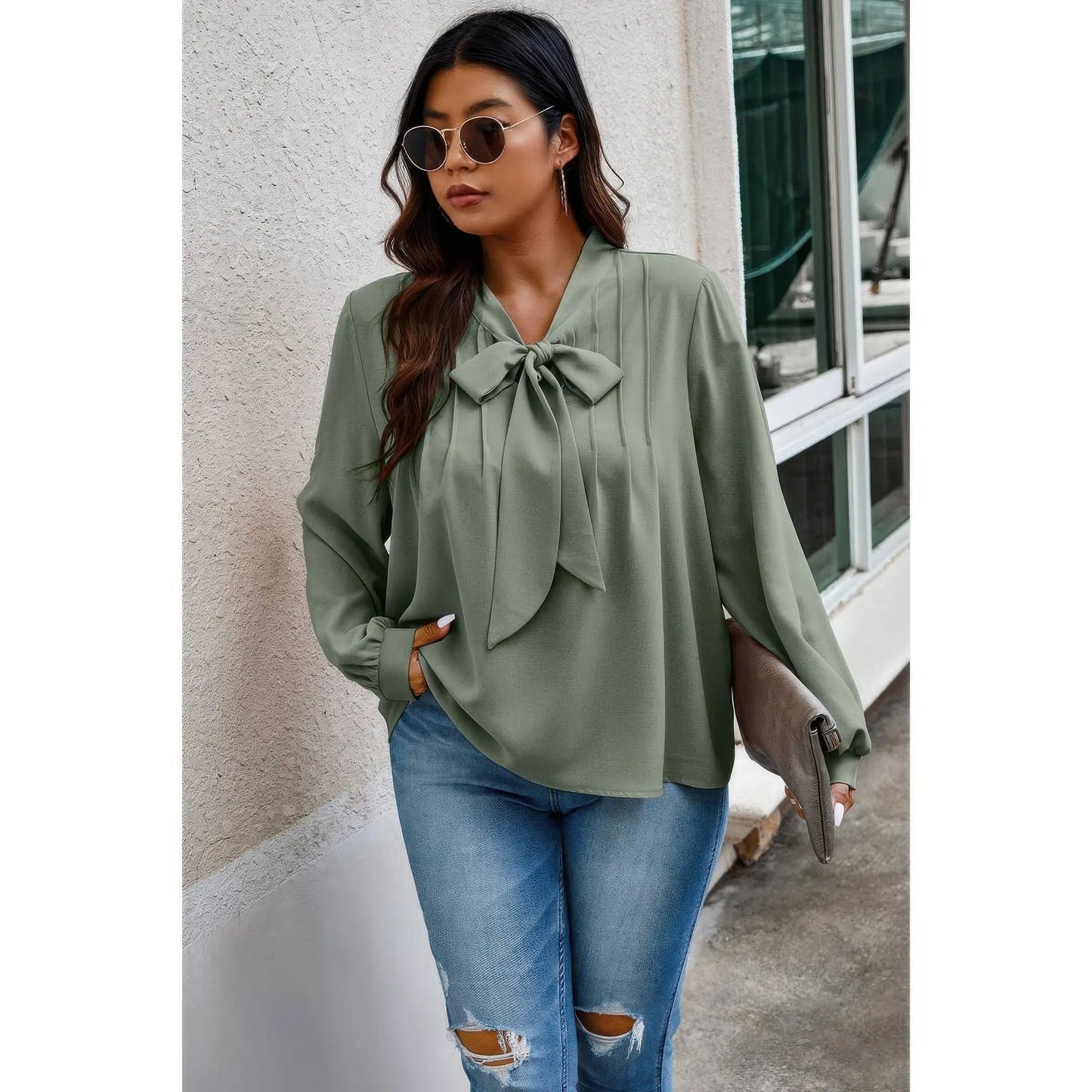 Plus size solid blouse with front knot detail