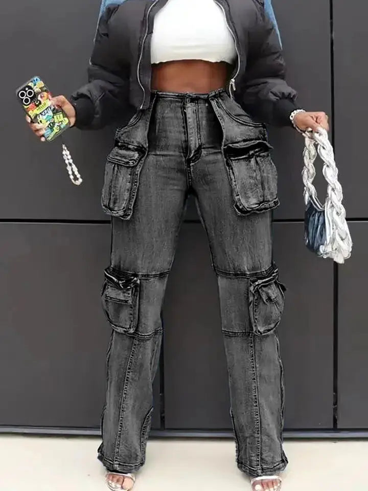 Model wearing Black Patchwork Cargo Accordion Jeans front view holding purse and phone