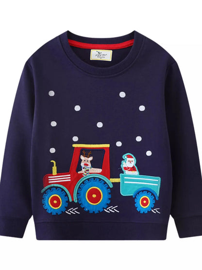 Front view of children’s holiday sweatshirt with Christmas embroidery.
