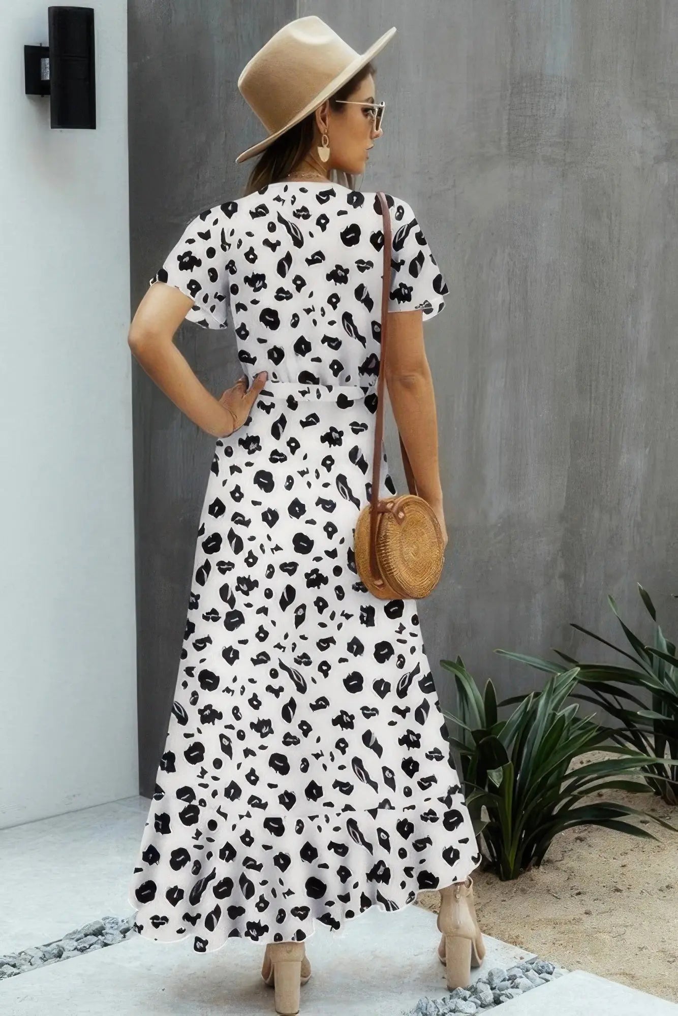 Allover Print High V Neck Low Wrap Dress - Couture Envy