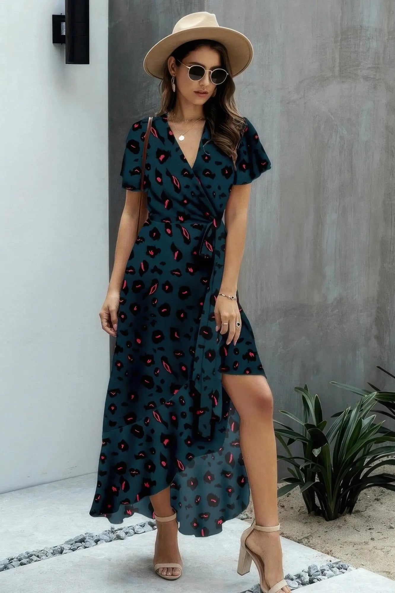 Allover Print High V Neck Low Wrap Dress - Couture Envy