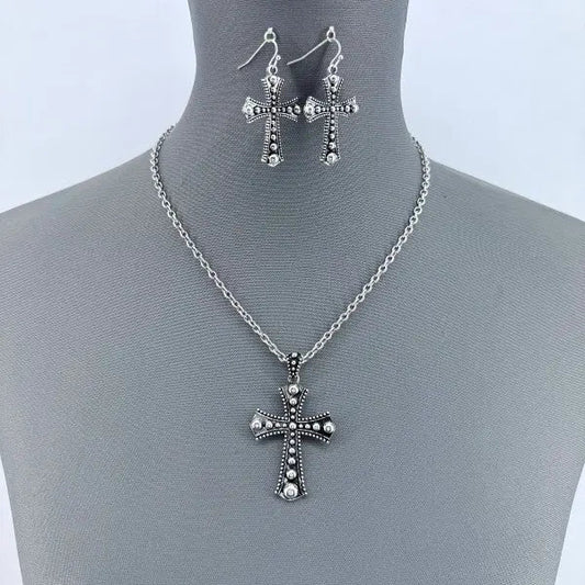 Antique Silver Finish Western Cross Necklace Set - Couture Envy