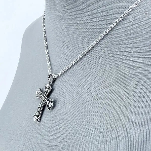 Antique Silver Finish Western Cross Necklace Set - Couture Envy