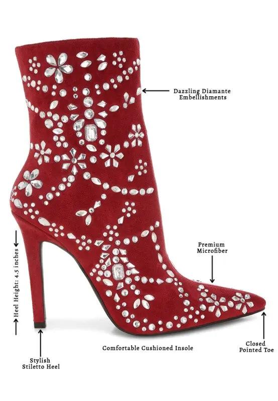Side view of sparkly rhinestone stiletto boots in red microfiber finish.