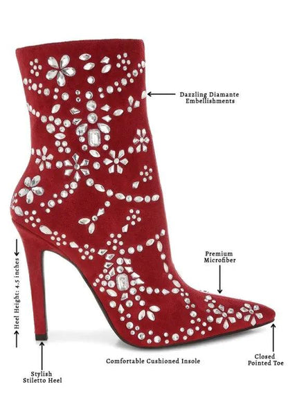 Side view of sparkly rhinestone stiletto boots in red microfiber finish.