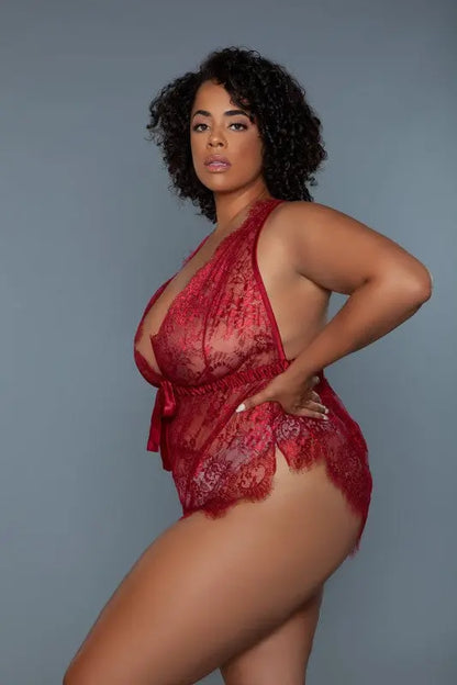 Plus size lingerie bodysuit flattering fit - side view.