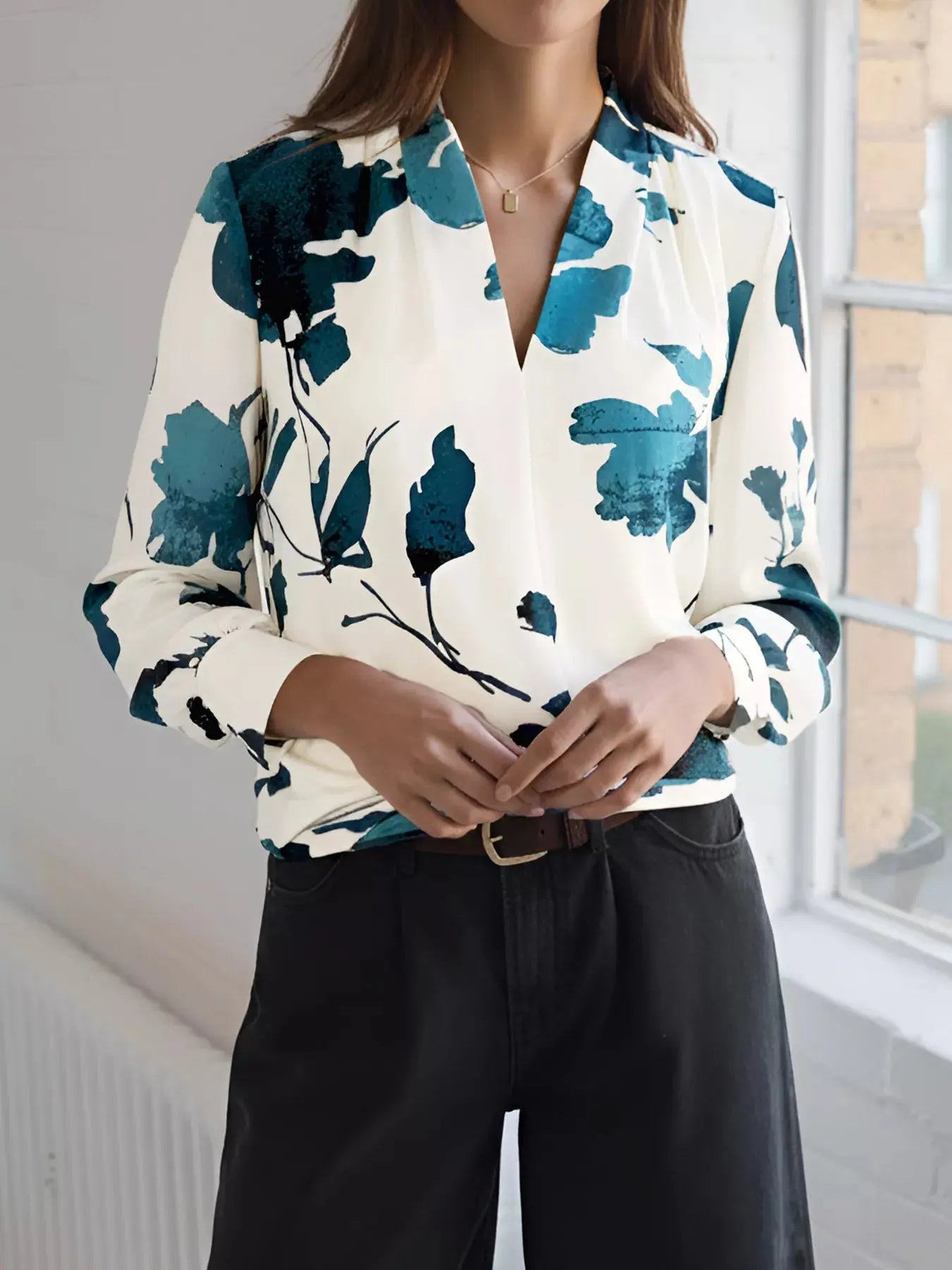 Printed V-neck blouse stylish front pose with woman posing 