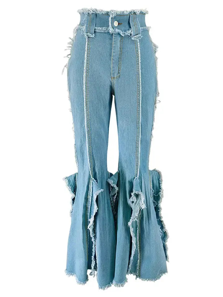 Light blue jeans with ruffled details on a white background