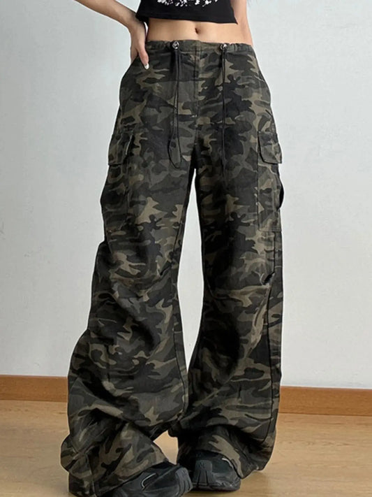 Front view of women’s drawstring camouflage cargo wide leg jeans with relaxed streetwear fit.