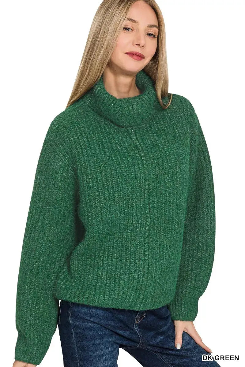 Zenana High Neck Full Zip Sweater Cardigan in Dark Green on female model.